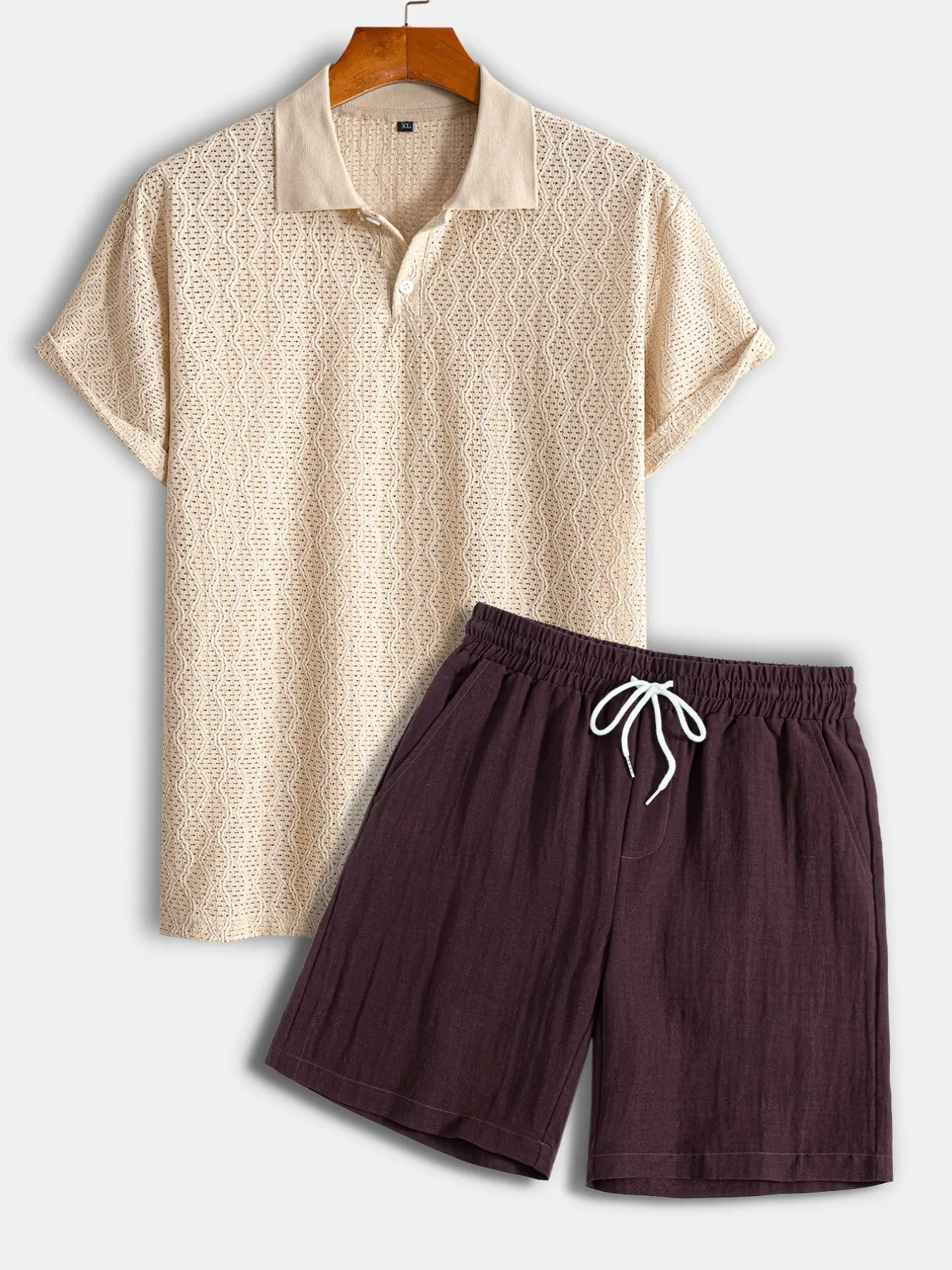 Men's Stretch Knit Jacquard Short Sleeve Polo Shirt & Linen Blend Shorts Set Outfit, Two Piece Set 2 Piece Matching Casual Style Set Breathable Summer, Ideal for Beach Golf Daily Wear