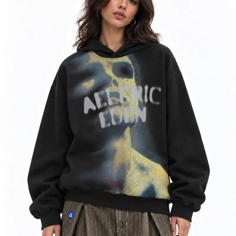 Aelfric Eden Menswear Pullover Hoodie - Unisex, Relaxed Fit, Heavyweight Cotton, Longsleeves, Abstract Portrait Graphic, Distorted Figure Print, Thermal Top for Casual Streetwear Sweatshirts,back to school,back to school shopping