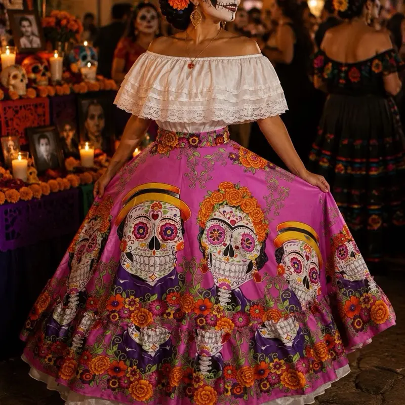 Catrina 2 pcs set Folklore Mexican Skull  skirt and blouse