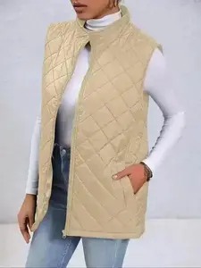 Fashion Street Outerwear, Mock Neck Zip Up Quilted Vest Coat Pocket Sleeveless Outerwear Fall Winter Daily Wear Insulated Design Comfortable Warm Layer Chic Women Fashion Ladies Relaxed Modern Quality Trendy Cute Styl