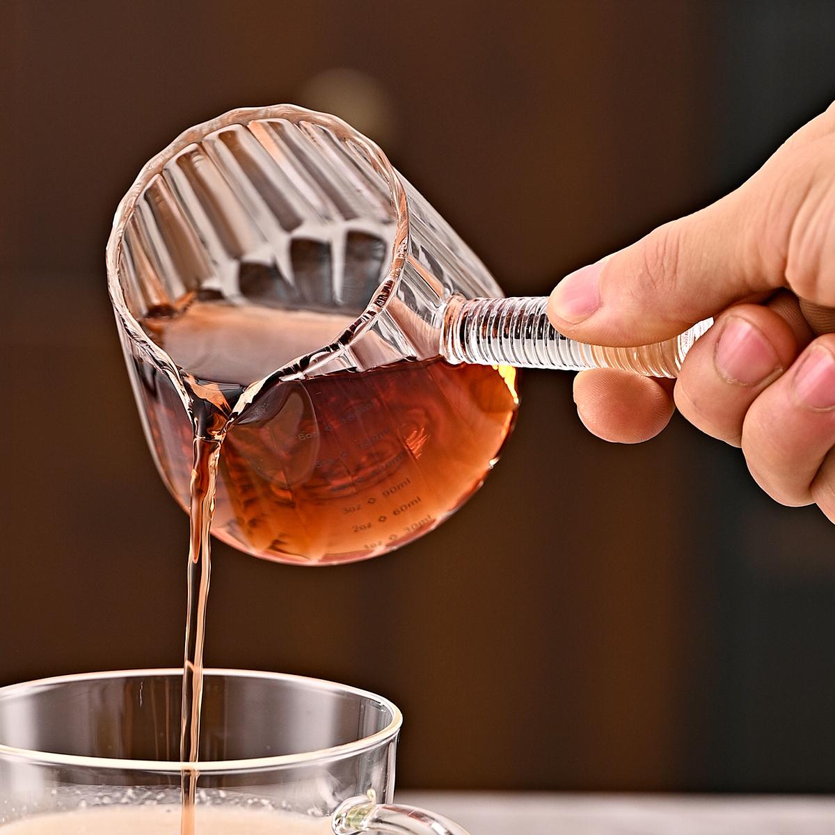 6 oz Glass Measuring Cups with Spout,Borosilicate Glass Triple Pitcher with Scale,Origami Style Espresso Shot Glasses with Wood Handle for Coffee Milk,Dishwasher Safe