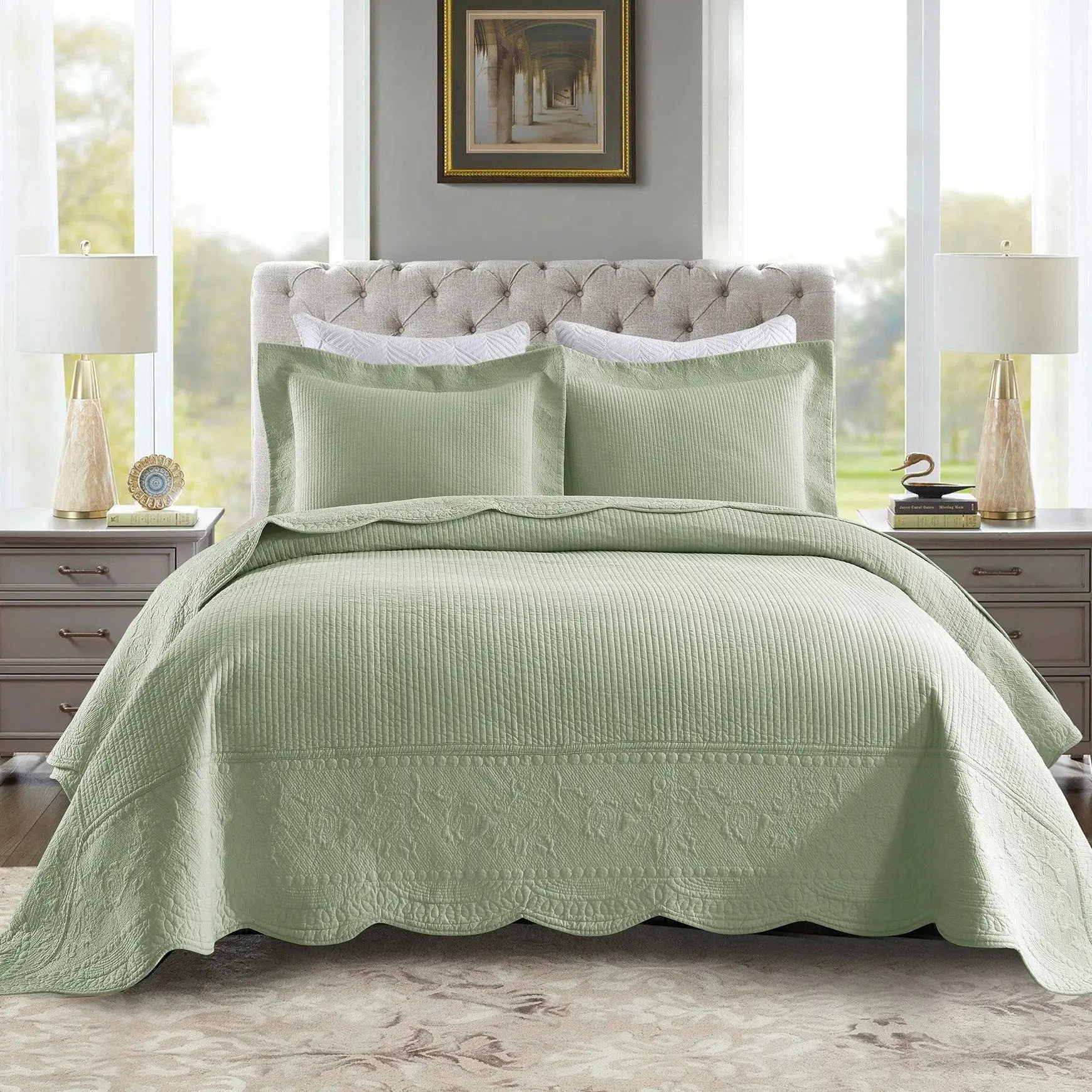 3-Piece 100% Cotton Quilted Bedspread Set - Breathable, Durable, Quilted Texture, Floral Border, Oversized Farmhouse All-Season Bedding Set, Three Pieces, Farmhouse Look