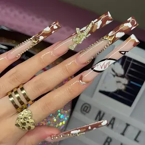 24pcs Ultra Long Y2k Coffin Nail Wraps Champagne Fake Nails with Rhinestones Sparkle Bling Champagne Shark Tooth Press on Nails Manicure Set 1 Piece Buffer + 1 Sheet Jelly Adhesive Tabs