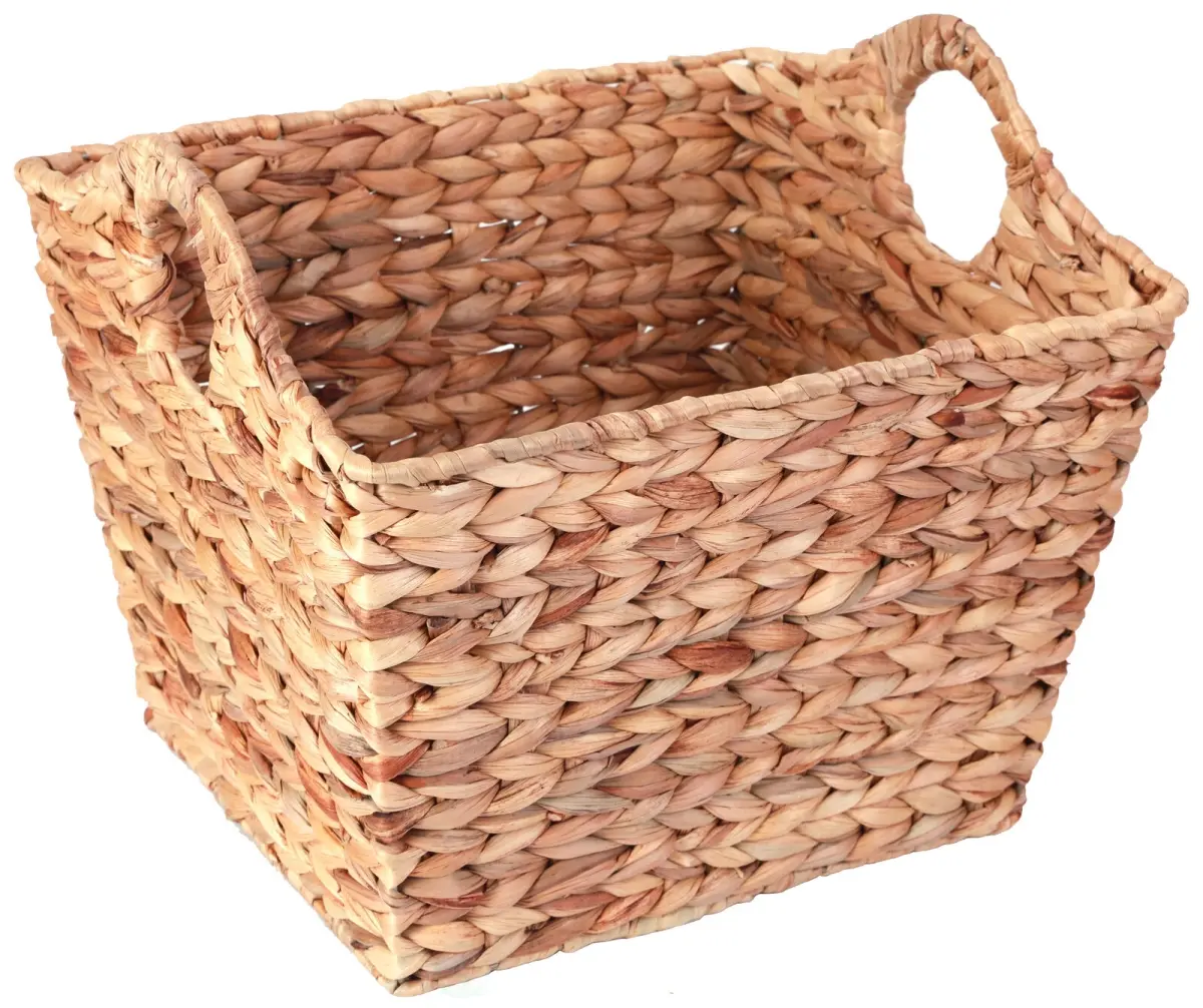 Large Brown Rectangle Water Hyacinth Wicker Storage Basket with Cutout Handles (11.5x17x14 in) - Home Organiser for Room, Laundry, Linens, Mail, Decor