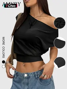 Women's Solid Off Shoulder Asymmetrical Tee, Casual Fashion Long Sleeve T-shirt for Daily Wear, Ladies Clothes for All Seasons, Top