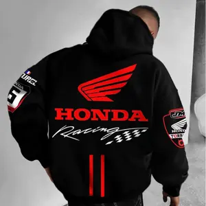 Honda Racing Team Hoodie – Black & Red MotoGP Pullover with Wing Logo and Sleeve Badges, Unisex Motorcycle Streetwear for Men and Women, Biker Style Sweatshirt