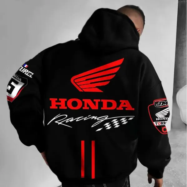 Honda Racing Team Hoodie – Black & Red MotoGP Pullover with Wing Logo and Sleeve Badges, Unisex Motorcycle Streetwear for Men and Women, Biker Style Sweatshirt