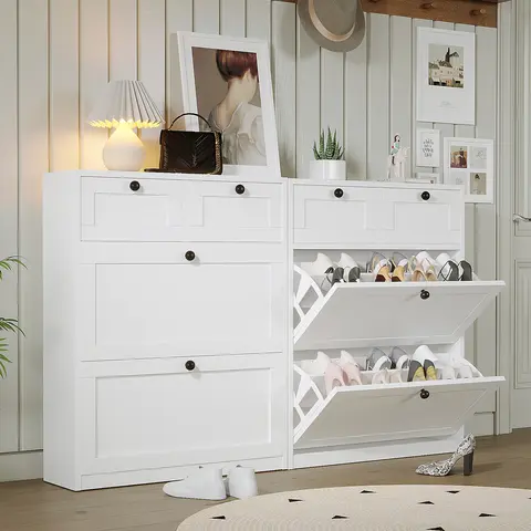 VOWNER Shoe Cabinet with 2 Flip Drawers & 2 Drawers, Freestanding Shoe Storage Cabinet with Adjustable Shelves, Shoe Organizer for Entryway, Hallway, Living Room, White Racks