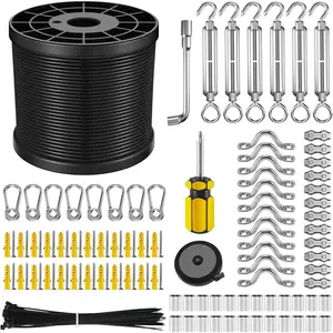 String Light  Kit with 250 Ft Vinyl Coated 304 Stainless Steel , String Light Suspension Kit, Guide Wire with Turnbuckles and Hooks for Patio, Backyard Lighting Accessories