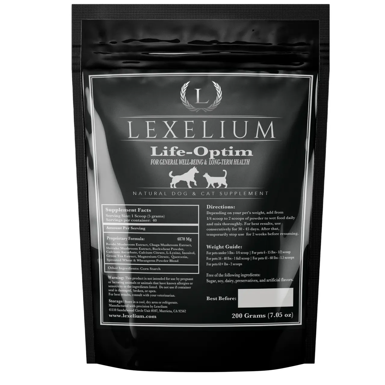 Lexelium Life Optim Support Pet Supplement Powder with Reishi Chaga Shiitake Mushrooms Vitamin C L-Lysine Antioxidants for Dogs & Cats