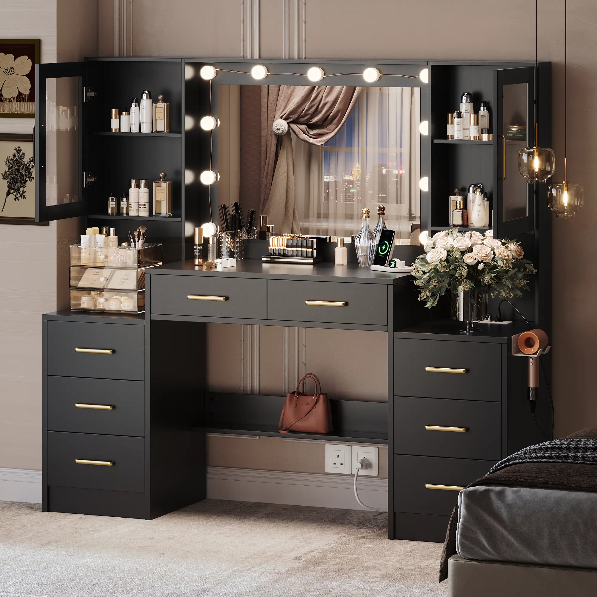 58.3Vanity Desk with Mirror and Replaceable Lights & Charging  Station,Bedroom Dressing Table,Large Vanity Set,8 Drawers and 2 Cabinets,Makeup  Vanity Table with Charging Station,Without Stool,White/Black/Pink - TikTok  Shop
