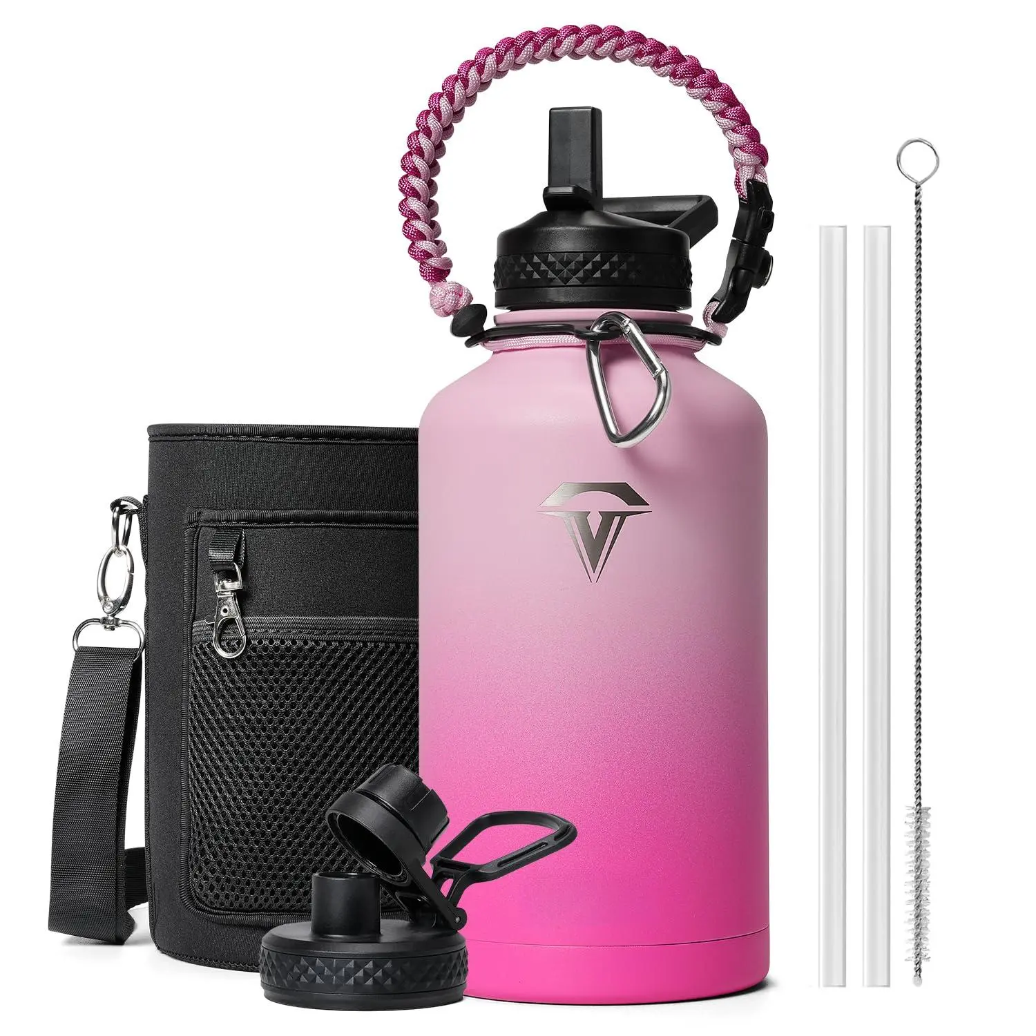 Half Gallon Water Bottle 64oz Insulated Stainless Steel Vacuum Cold For 48 Hrs & Leakproof -with Paracord Handle Strap Straw Spout Lids Big Flask Jug Gym Sports Pink
