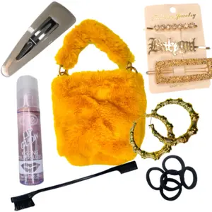 Yellow Fluffy Faux Fur Purse Bundle with Lip Gloss, Hair Accessories, Edge Brush and Bamboo Earrings
