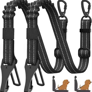 2Pack Dog Seatbelt for Car, 3-in-1 Dog Car Seat Belt Bungee, Shockproof Dog Tether for Car with Buckle & Hook Latch, Adjustable Reflective Dog Car Harness Leash with 360° Lockable Buckle