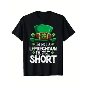 Unisex St. Patrick's Day Funny Cotton T-Shirt - "I'm Not A Leprechaun I'm Just Short" Graphic, Shamrock Design, Short Sleeve Crew Neck Black Top, Comfort Fit, Soft Breathable Lightweight, Machine Washable Adult Casual Gift Tshirt