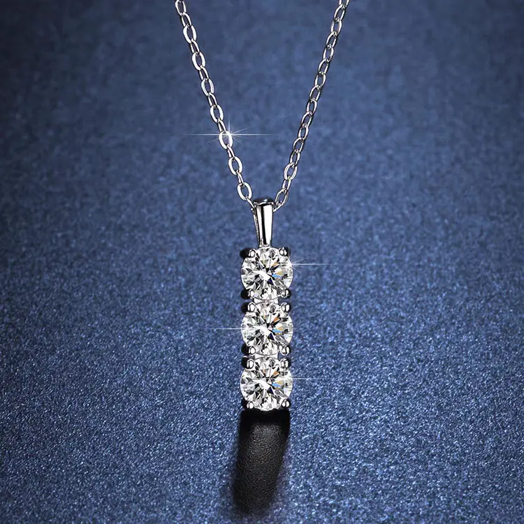 Hypoallergenic Moissanite Necklace | Three 5mm Vertically Aligned Stones | Nicke...