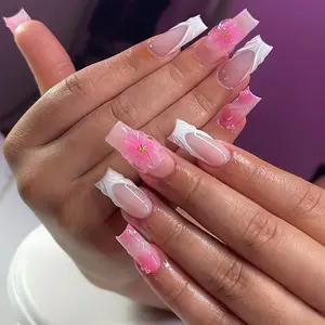 24pcs Long Square French Manicure Nails, 3D Flower Design with Gold Beads, Acrylic Press-On False Nails Set for Parties and Daily Wear