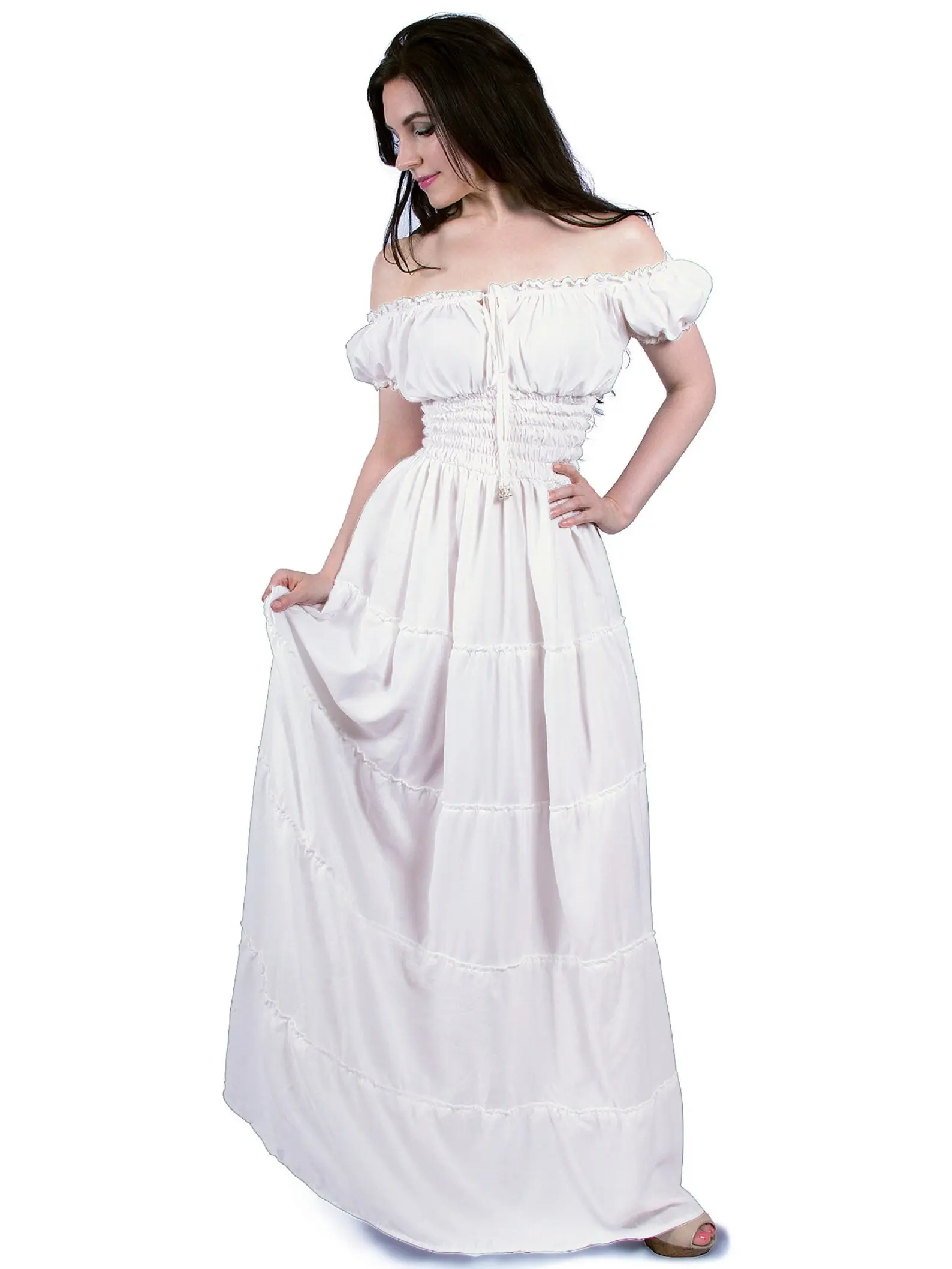 Reminisce Spring and Summer Colors Bohemian Beach Cottagecore Dress Fairy Renaissance Peasant Dress in White for Women