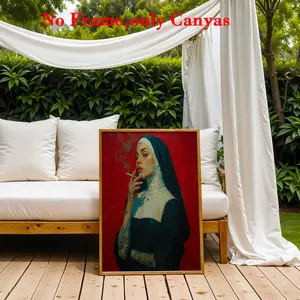 Wall Art Poster, Retro Smoking Lady Print, Traditional Tattoo Nun Canvas Painting, Unframed, Unique Creative Wall Decor for Bedroom & Living Room