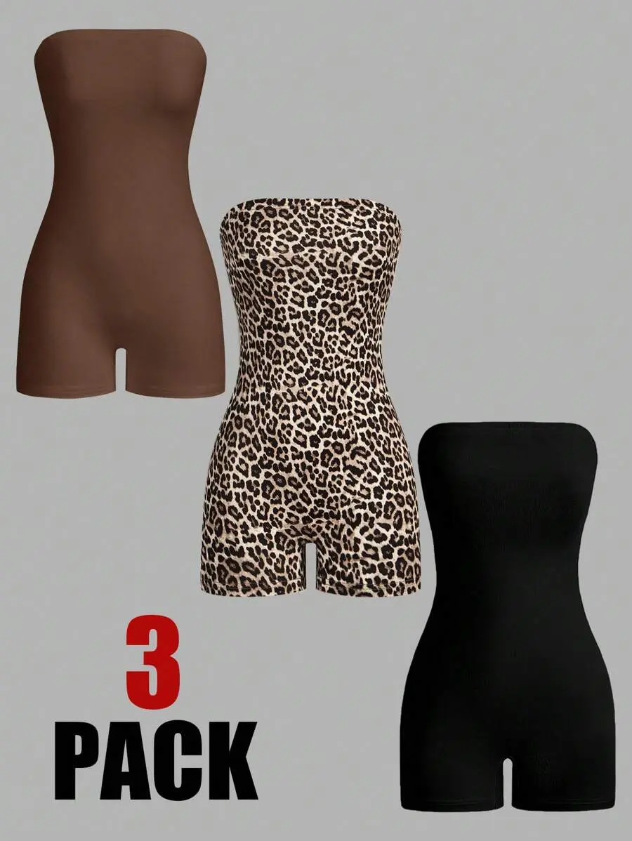 AESS 3pcs Women Solid Color + Leopard Print Sleeveless Bandeau Jumpsuit Set