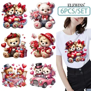 6 hot stamping stickers, watercolor transfer stickers for clothes, Valentine's Day bear heart heat transfer stickers, washable, perfect for decorating DIY T-shirts, hoodies, jeans, backpacks, and pillows, DIY Artificial Rose, DIY Flower