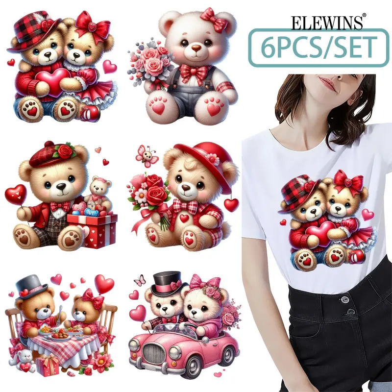 6 hot stamping stickers, watercolor transfer stickers for clothes, Valentine's Day bear heart heat transfer stickers, Crafts, DIY products, washable, for decorating DIY T-shirts, hoodies, jeans, backpacks, and pillows