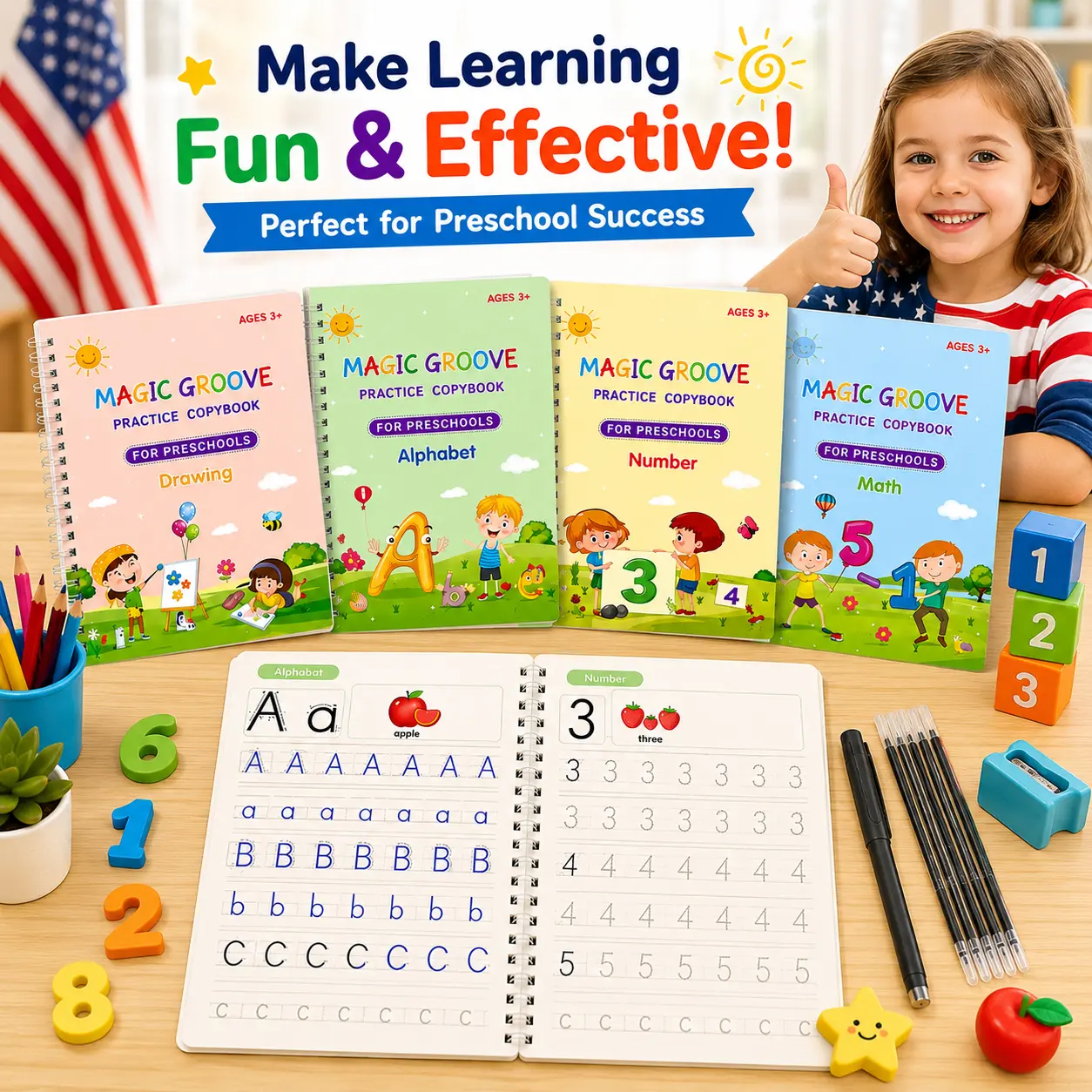 4-Pcs Reusable Practice Copybook Set - Homeschool Supplies, Preschool Education Tool with Guided Letter Lines, Auto-Fade Ink for Ages 3+ Alphabet, Number, Drawing Tracing Calligraphy Practice