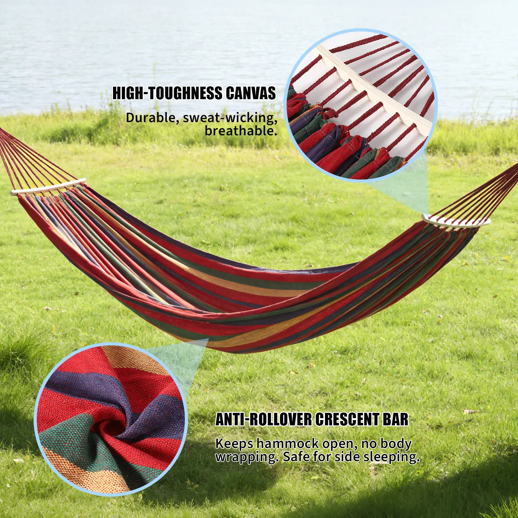 Canvas & Wood Hammock, 129.9x59.1 Inches, Extra Large Double Hammock, 500 LBS Weight Capacity, Portable with Storage Bag & 2x9.8ft Tree Ropes, Includes Installation Manual, for Out