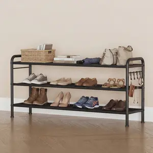 3-Tier Wide Metal Shoe Storage Organizer, Adjustable Expandable Shoe Shelf with 4 Side Hooks, Large Capacity Holds 26–30 Pairs for Entryway Hallway Closet