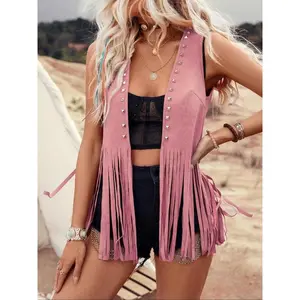 Women's Solid Color Fringe Trim Open Front Vest Jacket, Casual Studded Decor Sleeveless Outerwear for Daily Wear, Ladies Clothes for All Seasons(Sheet)