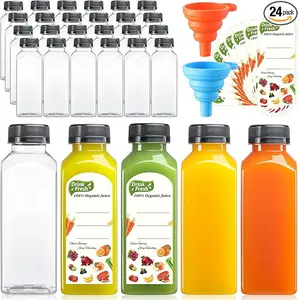 Bulk Clear Leak-Proof Plastic Bottles 24 PACK, 12 OZ Reusable Plastic Juice Bottles with Caps, Plus 24 Labels & 2 Silicone Funnels - Clear Juicing Bottles for Juice, Smoothies, Ginger, Tea, Coffee - Food Grade & Leakproof Travel Bottles Container Gift Pet