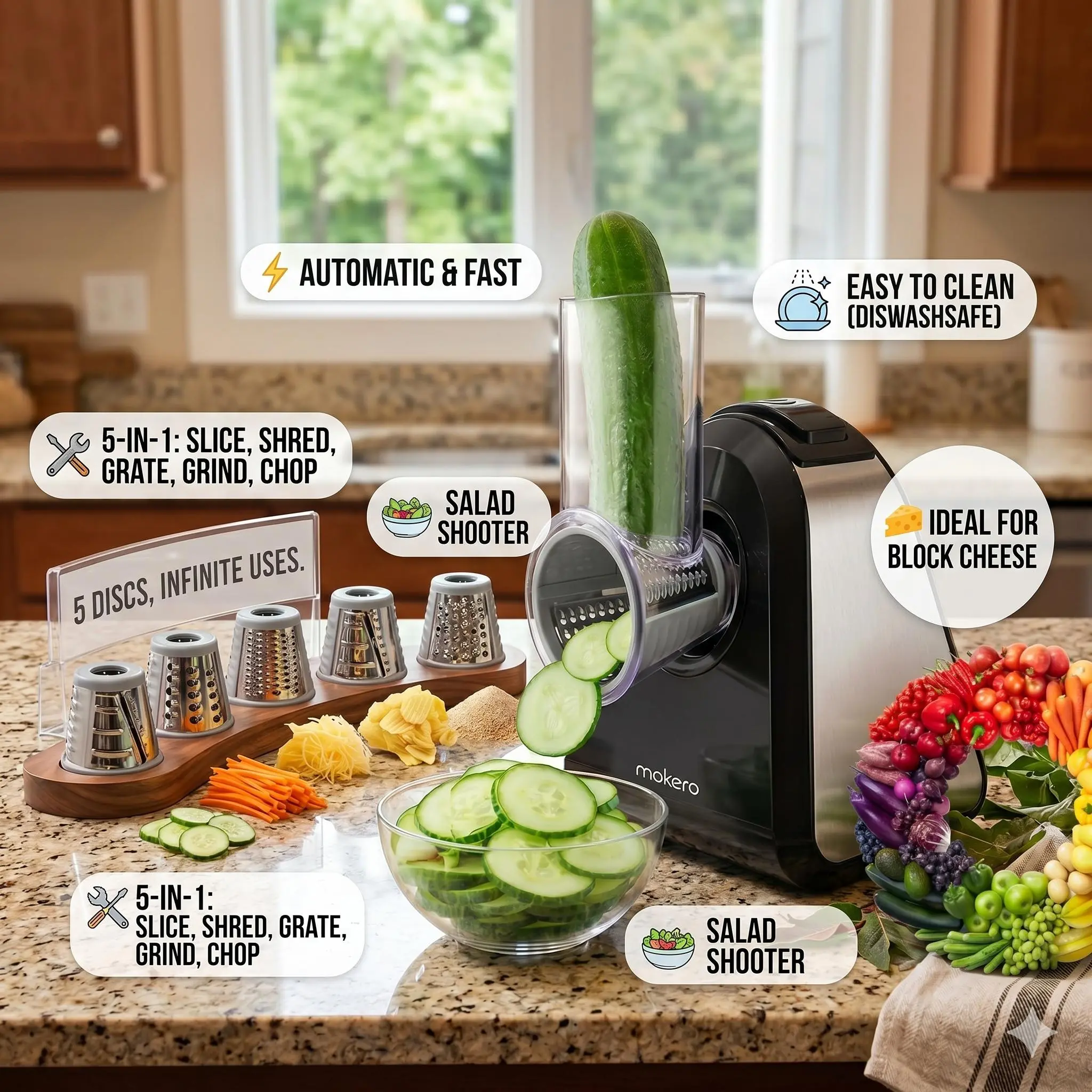 Mokero 5 in 1 Safe Electric Slicer For Home Kitchen Professional Electric Food Slicer Shredder Chopper Automatic Grater for Cheese Vegetables Cucumber Carrots Cabbage Nuts Salad Shooter Maker
