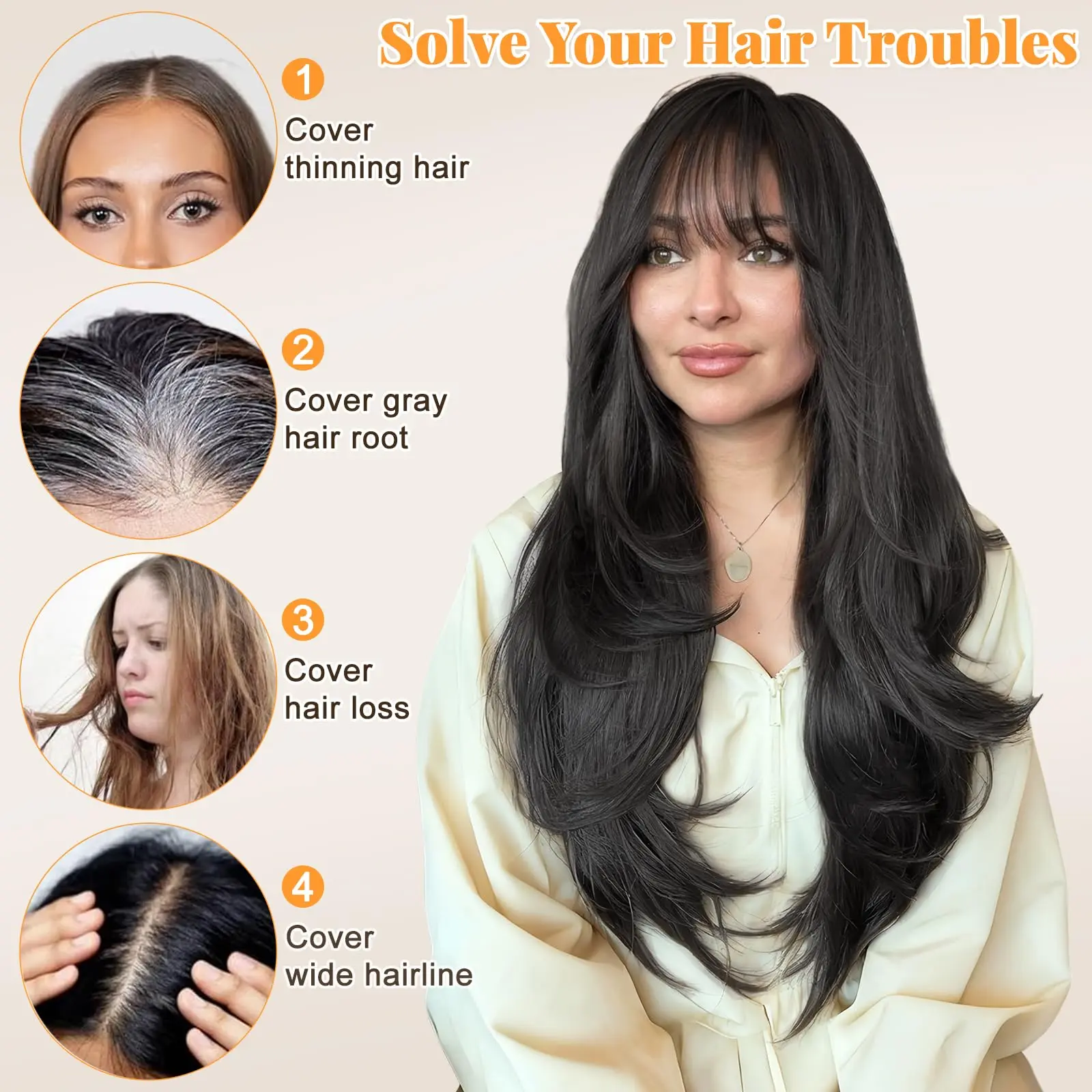 Long Curly Layered Human Hair Wig Heat Resistant Glueless Bangs X-TRESS 20 Black Wavy Synthetic Wig with Bangs | Heat  main image 2