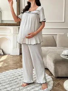 Women's Solid Ruffle Trim Short Sleeve Tee & Pants Pajama, Casual Comfy Round Neck T-Shirt & Trousers PJ Set, Maternity Sleepwear for Summer, Loungewear