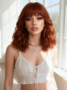 14 Inch Bangs Body Wave Wig, Wavy Synthetic Hair, Heat Resistant Fiber, Fashionable Short Curly Women's Wig for Daily Wear & Parties