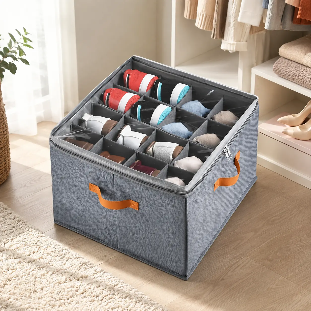 16-Compartment Shoe Storage Organizer with Clear Zippered Cover and Orange Carry Handles, Gray Closet Shoe Box for Sneakers, Loafers, Heels and Flats, 17 x 17 x 12 Inch