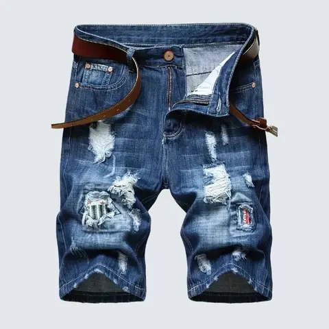 Men's Slim-Fitting Denim Shorts - Preppy Mid Waist, 5-Pocket Ready, Summer Frayed Distressed Ripped, Random Patch Embroidery, Roll-Edge Vintage Retro Charm, Streetwear, Belt-Free European-American Menswear Bottoms, Ripped-Denim Attitude