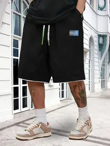 Men's Two-Piece Casual Colorblock Gym Shorts, Loose Fit Breathable Anti-Wrinkle Fabric, Practical Pockets & Drawstring Waist, Summer Fashion