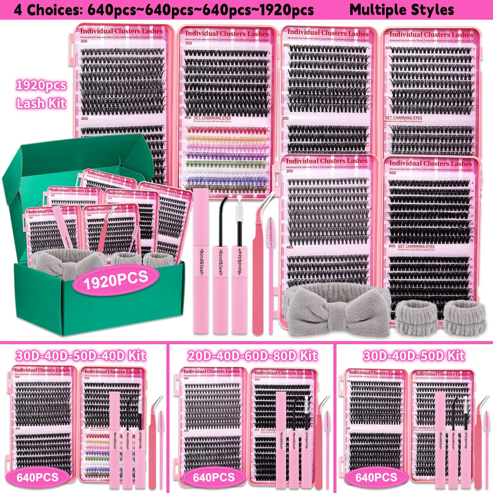 1920 pcs / 640 pcs Lash Clusters Set, D-Curl 8-Style Natural Lashes Kit with Bond & Seal, Brush, Lash Applicator and Headband Set, Eyelash Makeup Kit for DIY Individual Eyelash Extensions, Ideal for Beginners and Daily Makeup