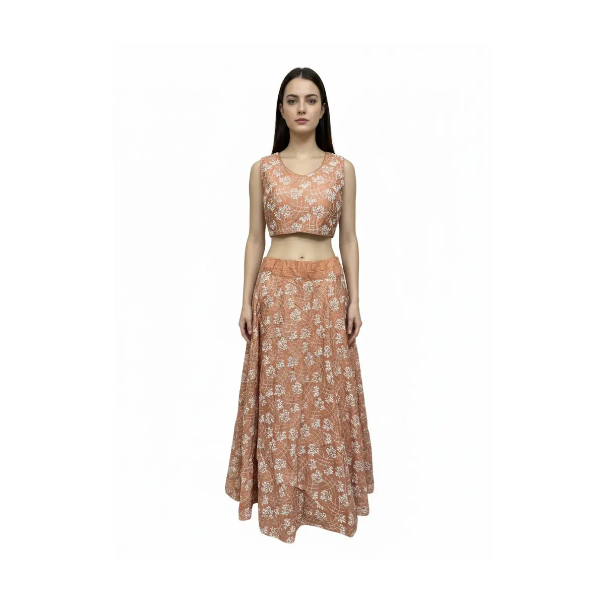 #K45 Rust-Peach Floral Lehenga Skirt & Crop Top Set (2-Piece)