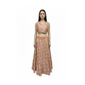 #K45 Rust-Peach Floral Lehenga Skirt & Crop Top Set (2-Piece)