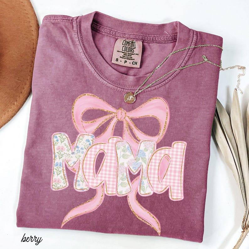 Comfort Colors Floral Mama Shirt, Spring Tee, Trendy Mom T-Shirt, Women's Flower Mama Shirt, Pregnancy Reveal Gift, Blue Pink Bow Shirt for Mom