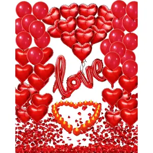 Valentines Day Decorations Set with Red Heart Balloons,  Streamers &  Rose Petals & Plastic candle Romantic Anniversary Decorations for Wedding, Proposal Party Backdrop
