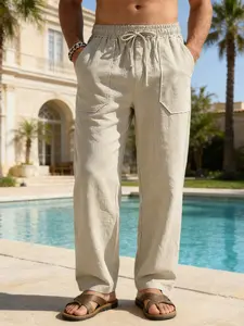 Men's Minimalist Cotton-Linen Loose Wide-Leg Pants, Selected Texture, Relaxed Fit with Ample Leg Room, Streamlined Cuts for Trendy Casual Hip-Hop Style