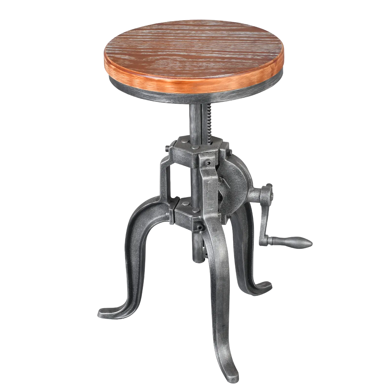 American Antique Steampunk Deco Vintage Industrial Bar Cafe Stool, Retro Stylish 3-Leg Cast Iron Base Swivel Round Wood Top, Easily Adjusts by Crank Handle