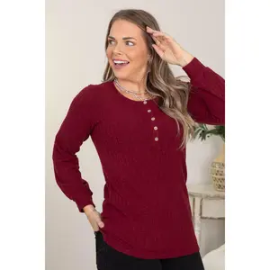 Burgundy Hacci Ribbed Top With Faux Buttons