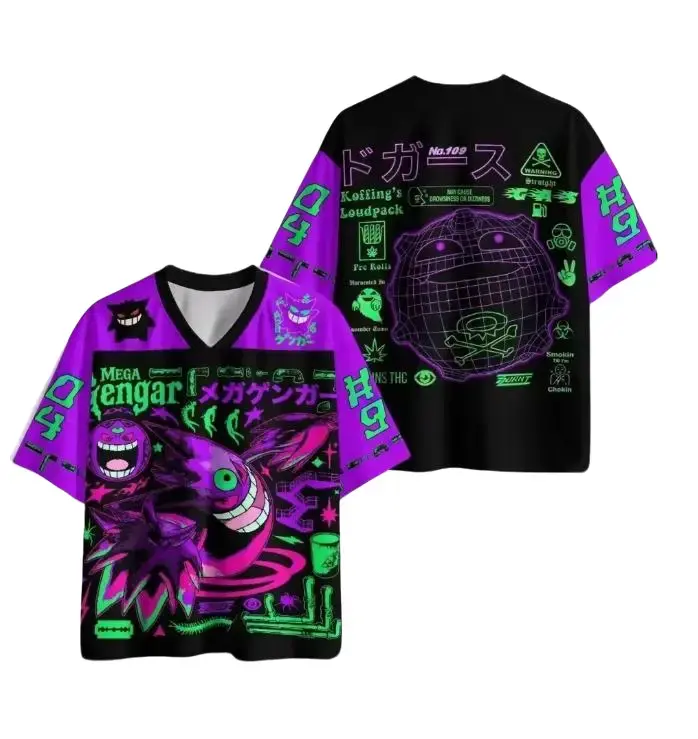 Poketmon Koffing Neon Cyberpunk Purple Graphic V Neck Jersey Oversized Anime Short Sleeve Shirt for Men Women