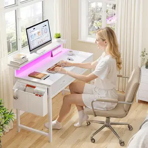 31.5"D Office Desk With LED Strip Lights & Ergonomic Monitor Stand 2 Fabric Drawers And Side Pocket Computer Desk For Bedroom,Office