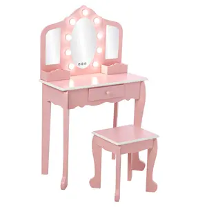 Kids Vanity Set with Lighted Tri-Fold Mirror and Stool, Wooden Princess Dressing Table with Drawer Storage, Safe Play Makeup Vanity for Girls Ages 3-9