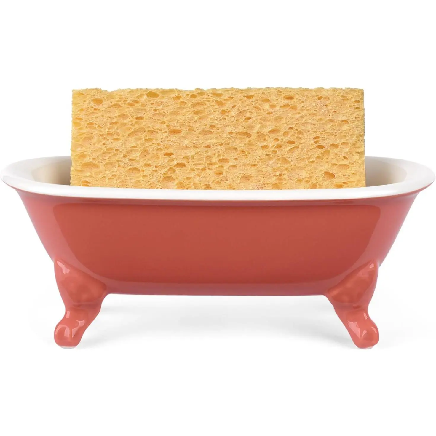 6.5" Ceramic Mini Decorative Clawfoot Bathtub Bar Soap Dish, Kitchen Sponge Holder and Shower Tray for Bathroom, 1 Pack(Coral)